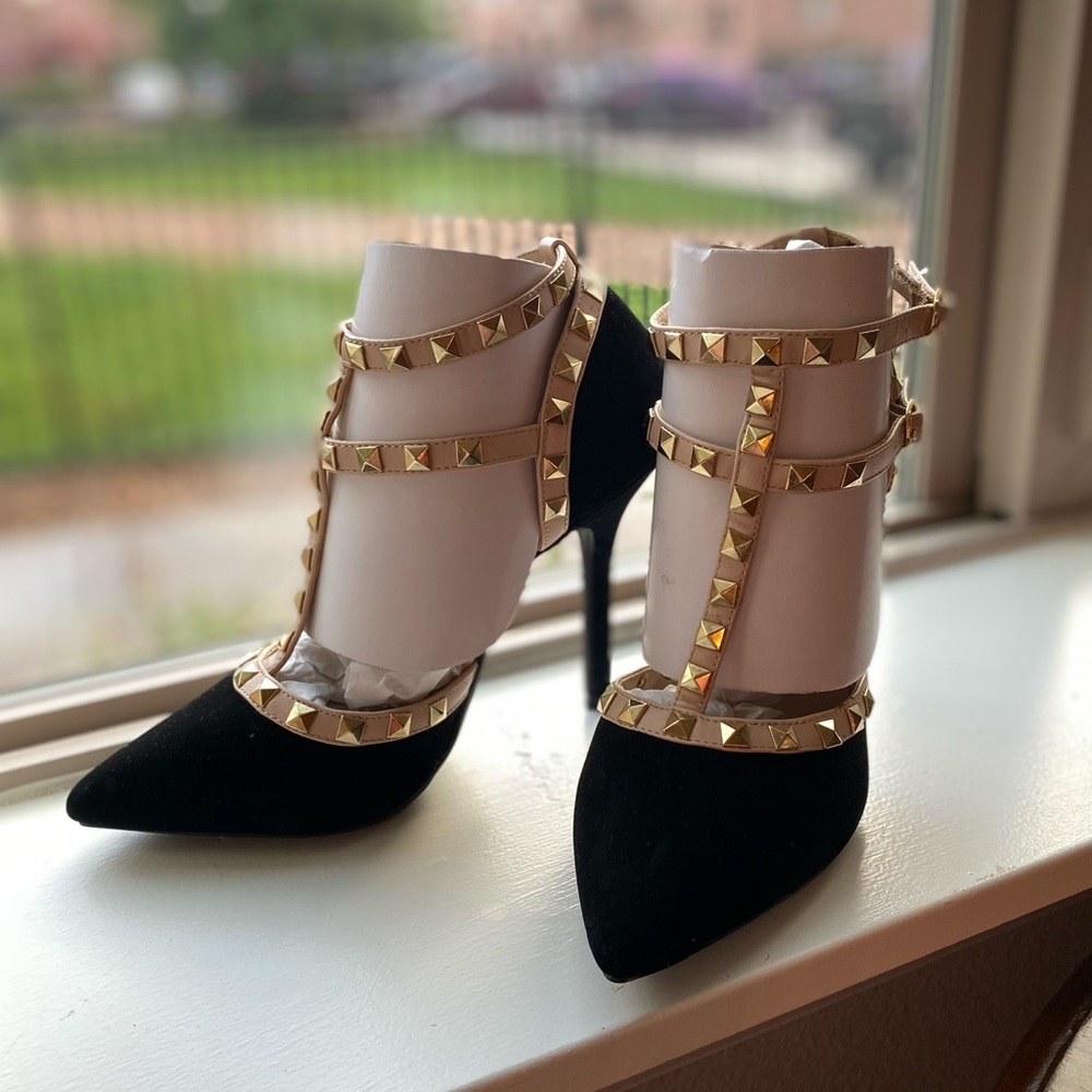 T-Strap Studded Heels in Black Suede - Picture 5 of 5